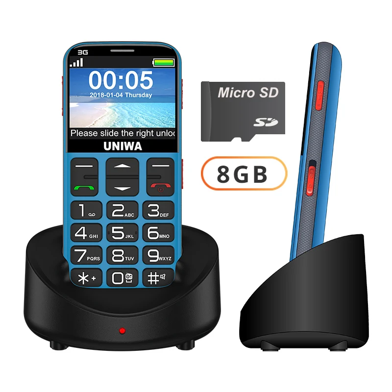 Blue with 8G TF UNIWA V808G английская русская клавиатура 10 дней в режиме ожидания 3g WCDMA сильный фонарь Мобильный телефон большой SOS 3g мобильный телефон - Color: Blue with 8G TF