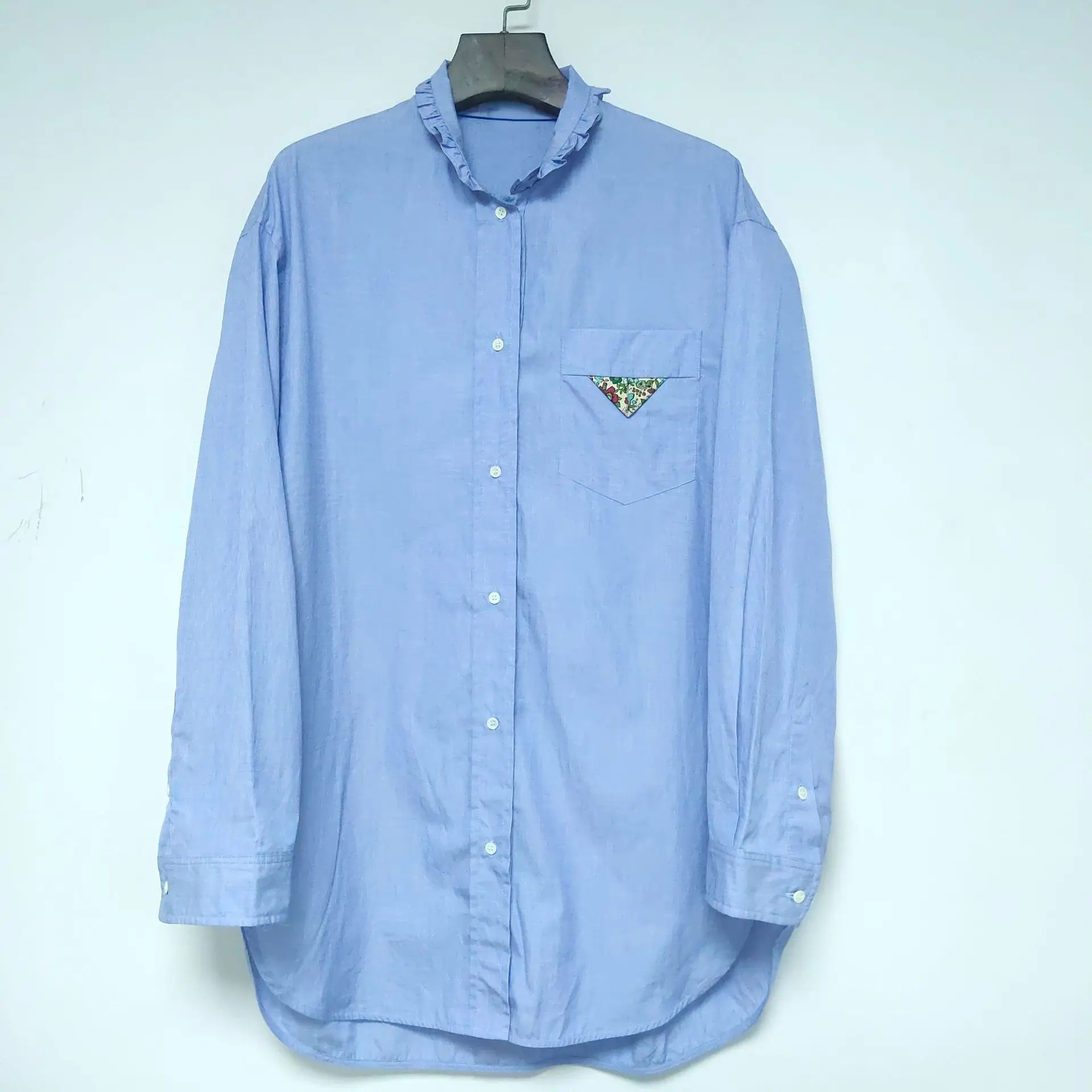 

Women Blue Long Sleeve Shirts Ruffled Collar Spring Autumn 2021 Single Pocket Loose Office Ladies Blouse Tops