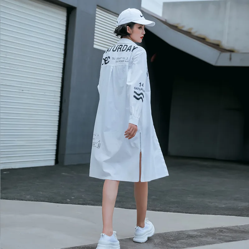 

QING MO White Women Irregular Blouse 2021 Women Letter Printed Blouse Female Lapel Fork Blouse Loose Fit ZQY4943