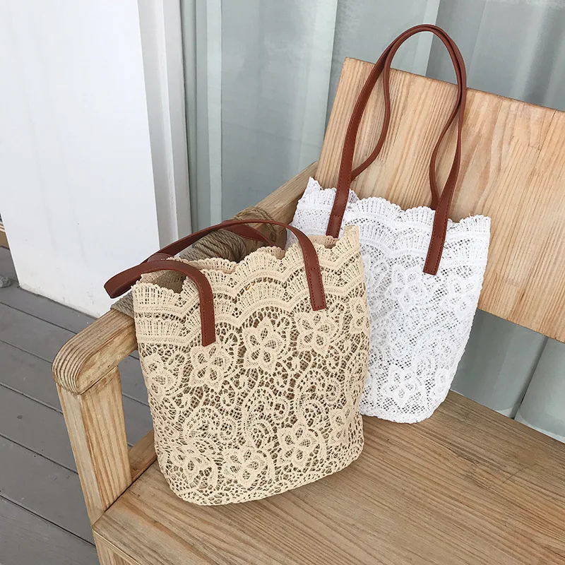 

Summer Lace Shoulder Bag Women 2021 New Big Capacity Handbag Foldable Vavation Beach Bag Elegant Lady Purse Bucket Bag Bolso
