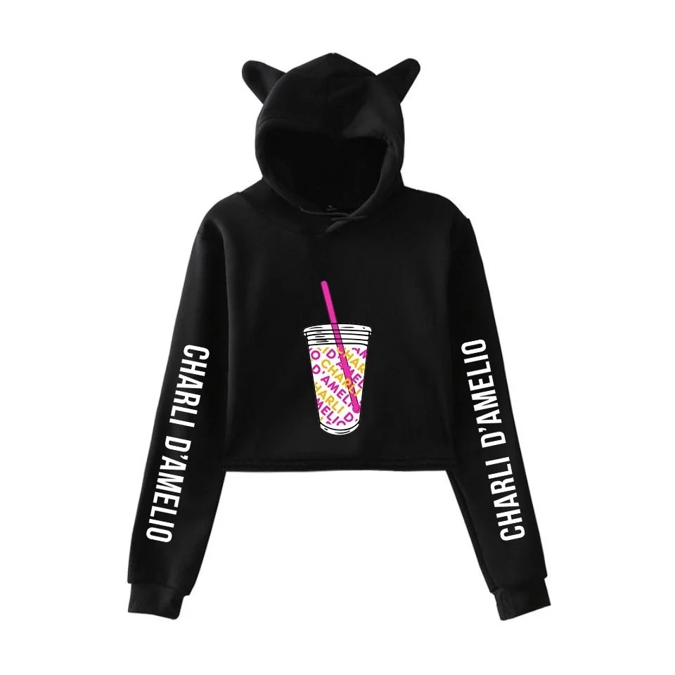 Charli Damelio Hoodies For Girls Funny Cat Ears Crop Tops Women Sweatshirts Tracksuit Coat Ice Coffee Splatter Female Pullovers