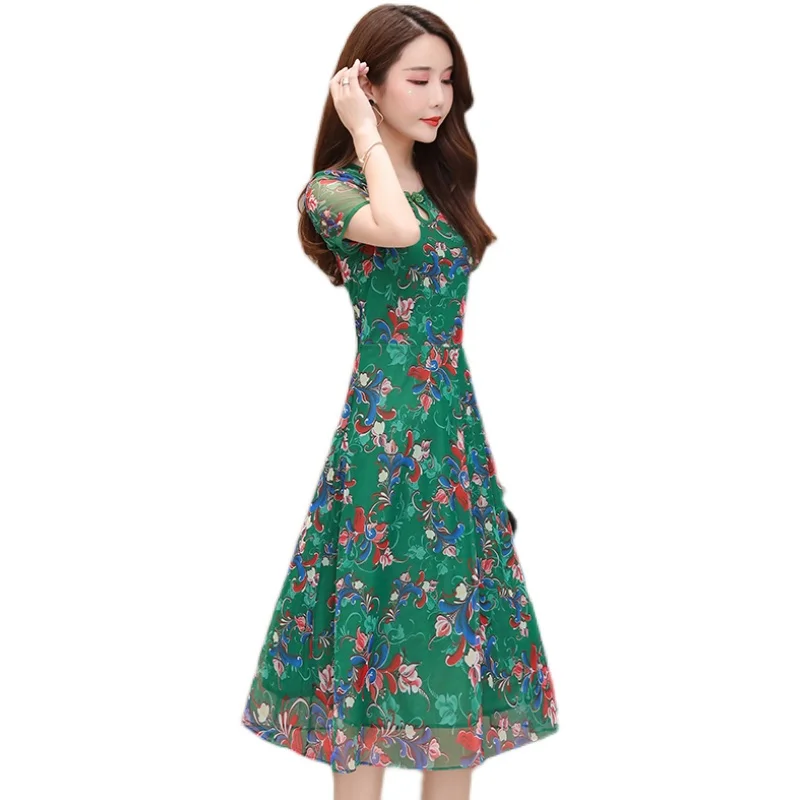 

COIGARSAM 4XL Plus Size Fashion Print Women dress New Short Sleeve Dresses Green Blue Red 813