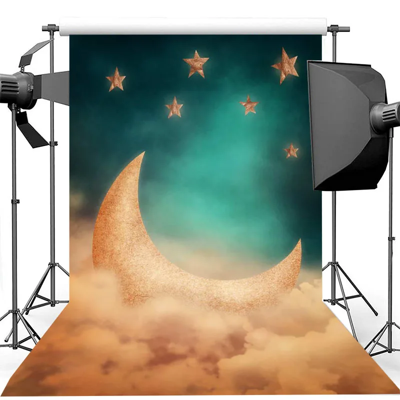 Фон для фотосъемки новорожденных детей с золотой Луной и звездами студийной на