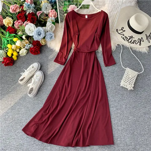 Винтажное тонкое осеннее длинное платье миди весенние вечерние платья vestido de festa Женские повседневные 3/4 рукава А-силуэта элегантные ретро платья - Цвет: wine red