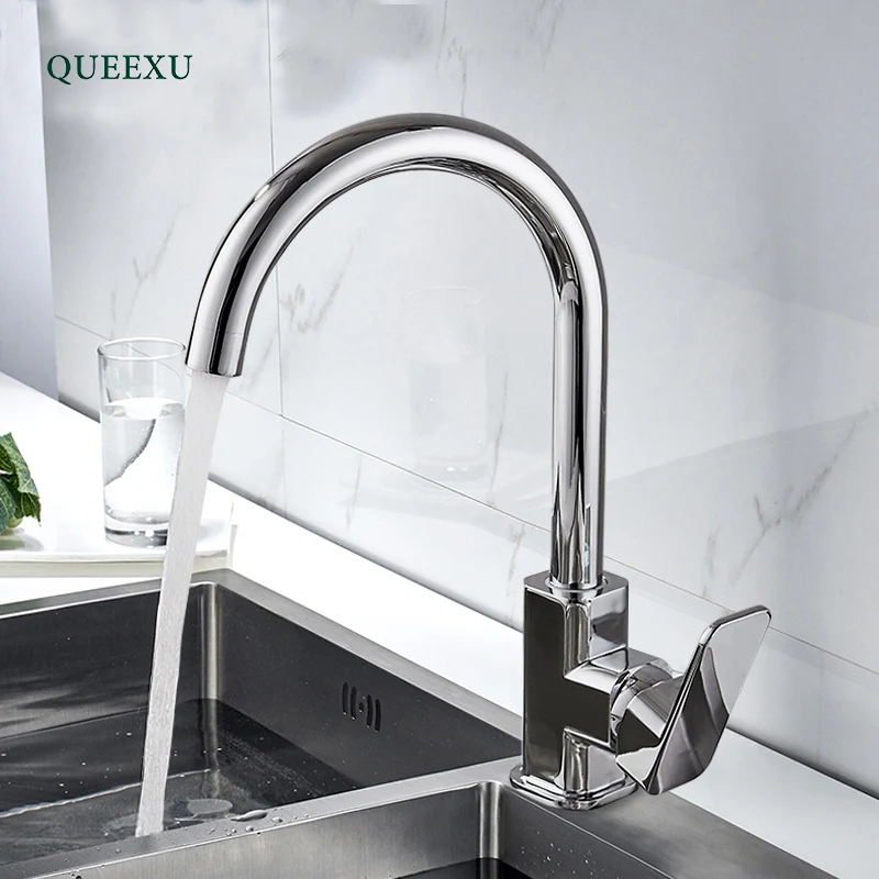 

QUEEXU Kitchen Faucet 360 Degree Rotation Rule Shape Curved Outlet Pipe Tap Basin Plumbing Hardware Brass Sink Faucet QU07