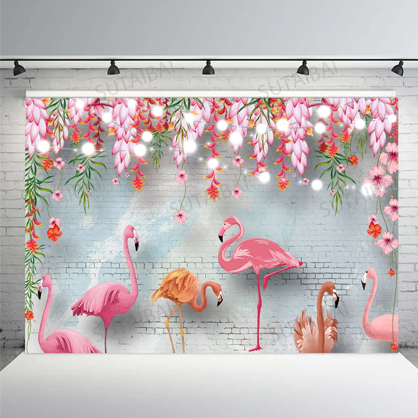 

Pink Flamingo Backdrop Summer Tropical Hawaiian Floral Brick Wall Photography Background Flowers Baby Shower Birthday Poster