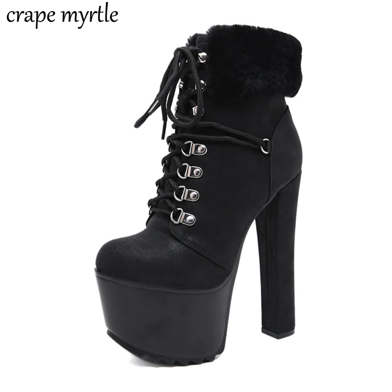 Женские зимние ботинки модные ботильоны на толстом каблуке черные высокие