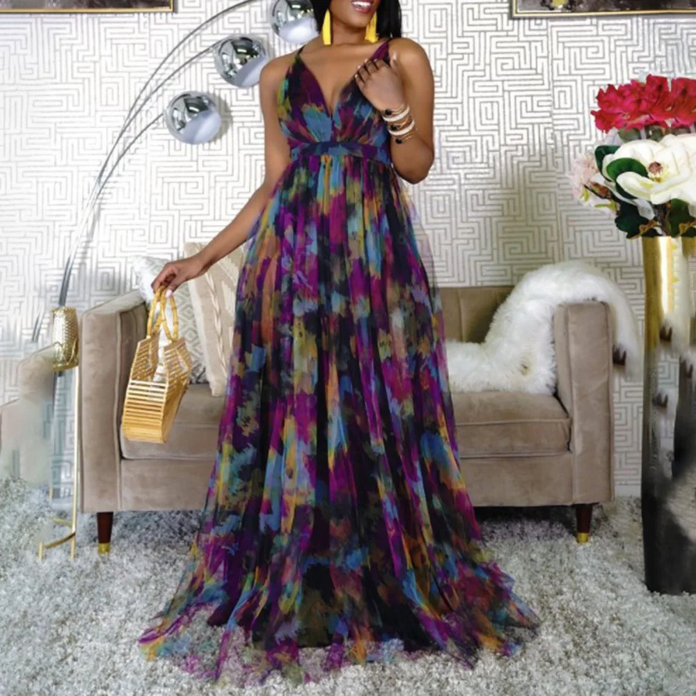 

2021 Summer New Long Digital Printing Europe America V-neck High Waist Fashion Sexy Women's Dress Casual African Vacation