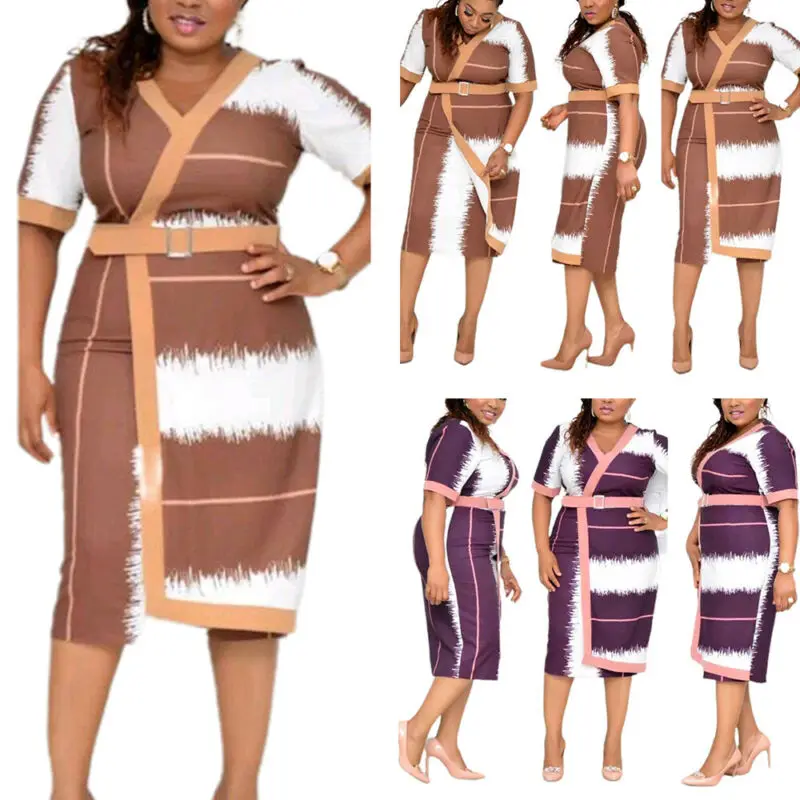 

VICABO Womens Dress Africa Print V Neck Short Sleeve Belt Midi Wrap Dress Striped Casual Loose Woman Dress Plus Size 2021