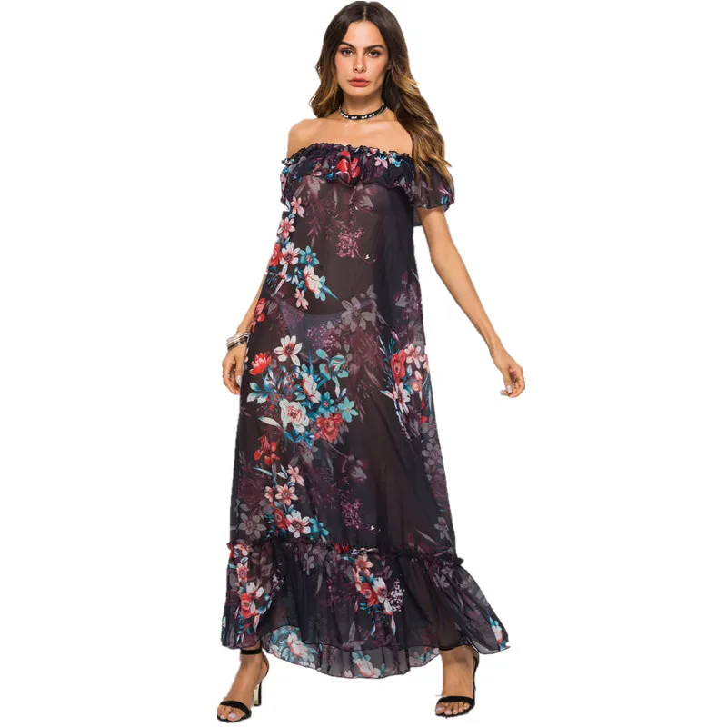 

2022 Summer Women Loose Long Dress Off the Shoulder Ruffle Hem Printed AD511