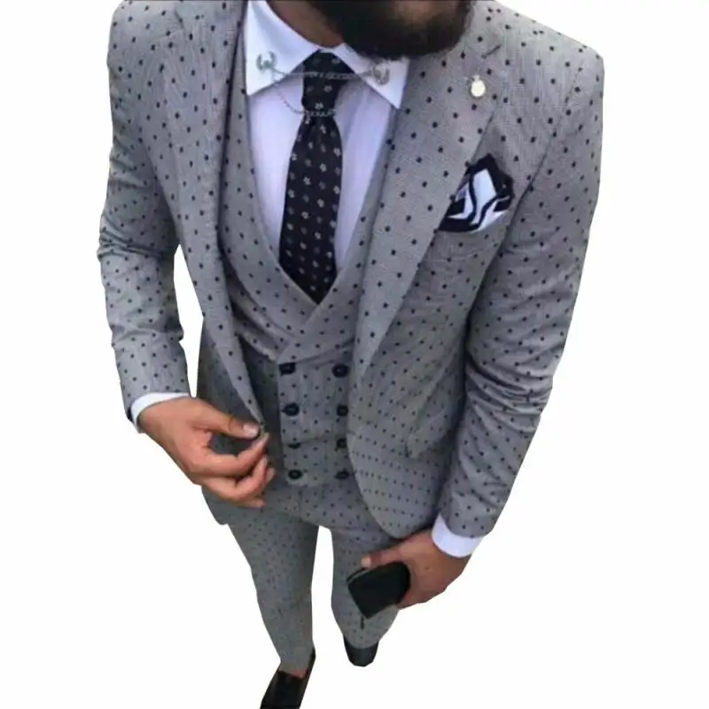 

Slim Fits Gray Poika Dot Men Prom Party Business Suits Blazers Groom Tuxedos Clothing Sets (Jacket+Pants+Vest+Tie) W:1089