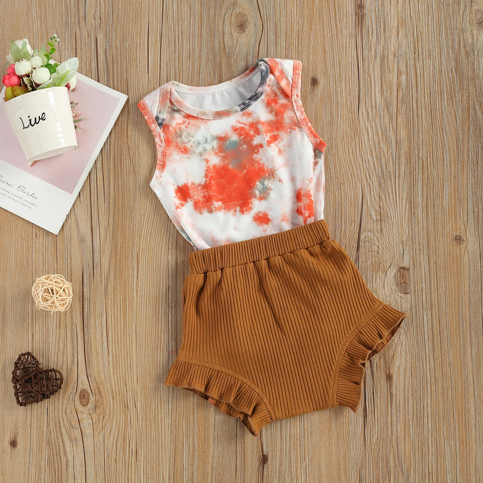 

Newborn's Baby Girl Two Piece Set Baby's Sleeveless Tie Dye Romper Solid Color Ruffled Hem Shorts for Infants Summer Baby Girl