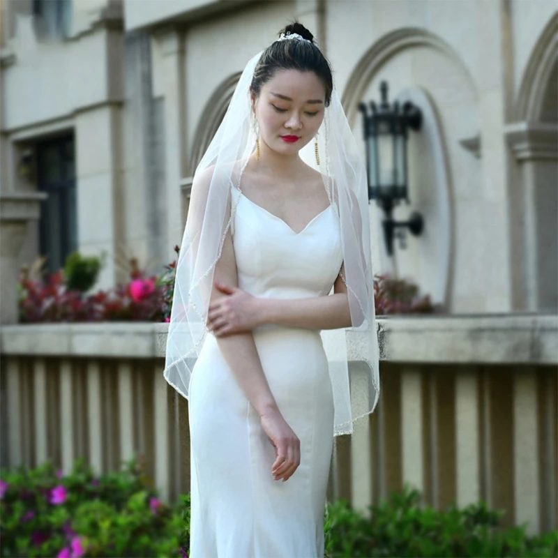 Фата свадебная с гребнем Тюлевая блестящими хрустальными бусинами для невесты