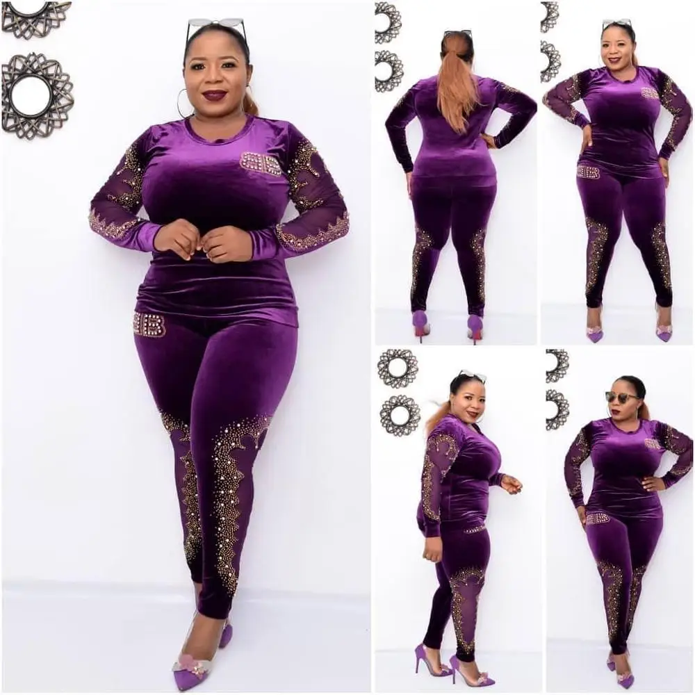 

2021 African mother gold velvet fashion cut-empty embroidery hot drilling stretch suit