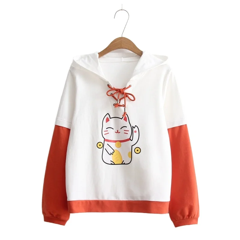 Mori Girl Style Cute Lucky Cat Color Matching Lace Long Sleeve Hooded Sweatshirt Hoodies Women Harakuju Pullover 2025448