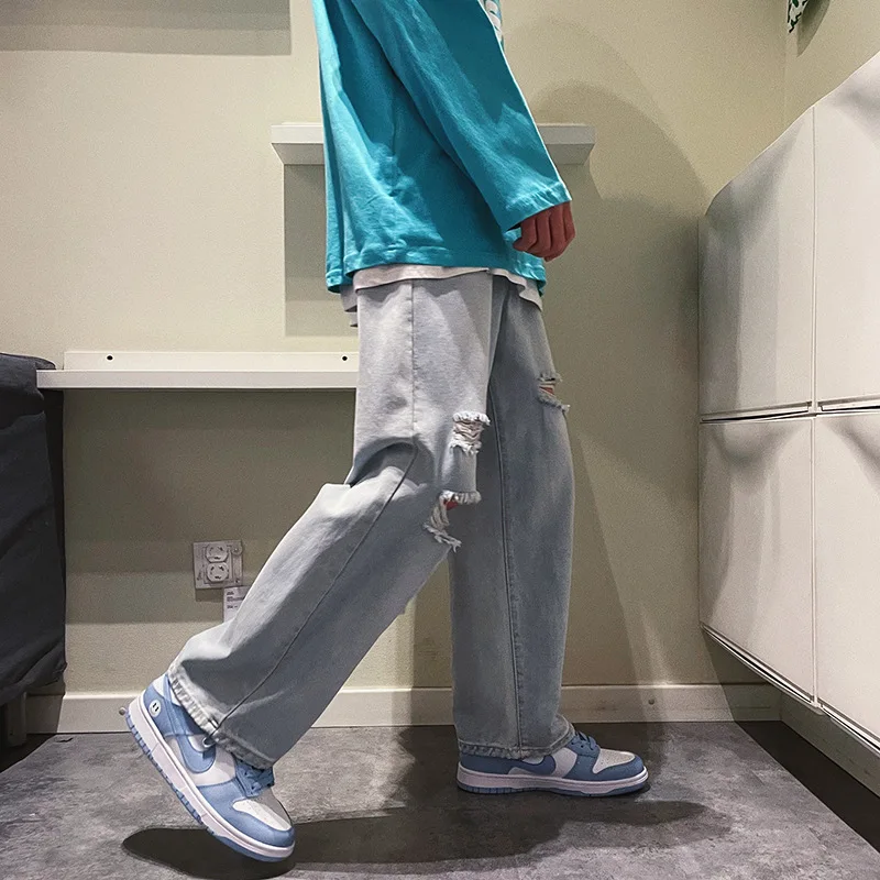 ICCLEK High Street Ripped Jeans Men's Loose Straight Leg 2021 New Pants Men Clothing  Jeans for Men  Baggy Jeans