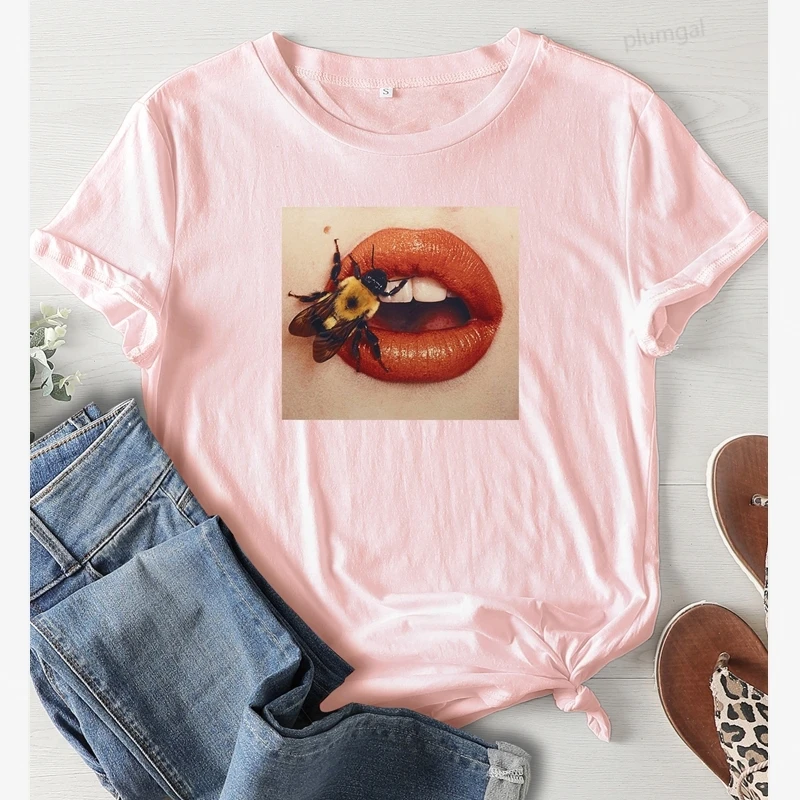 Футболка женская с принтом пчелы и губ Повседневная модная рубашка рисунком