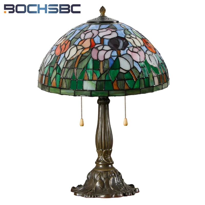 

BOCHSBC 16 Inch Tiffany Style Table Light Tulip Stained Glass Flower Desk Lamp Colorful Antique Classical Handcraft Art Decor