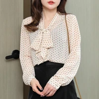 2021 spring fashion bowknot polka dot chiffon shirt blouses female summer long sleeve shirts tops women s612