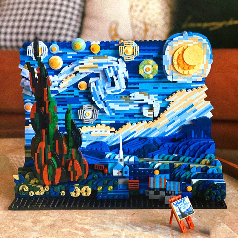 

Новая идея, Пиксельная художественная мозаика Ван Гога, звездное небо, Подсолнух, модель, кирпичи MOC, креативная живопись, строительные блок...