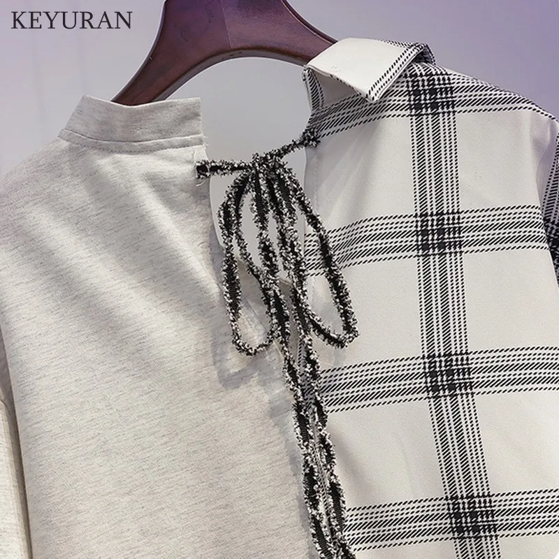 

Plus Size Plaid Blouse Patchwork Sweatshirt 2021 New Fashion Summer Short Sleeve Loose Female Lightweight Splice Shirts Tops