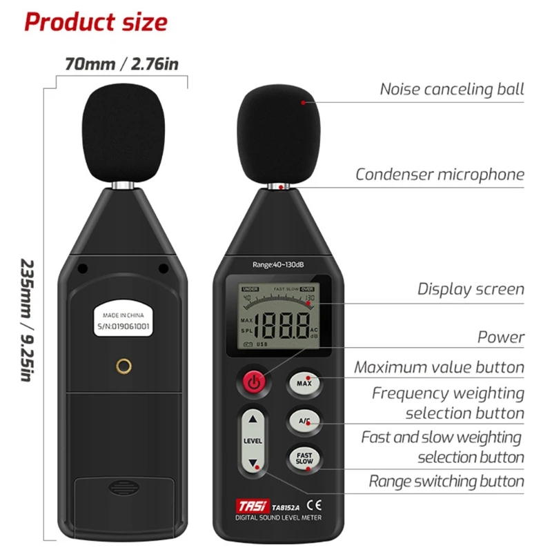 

TA8152A Noise Measuring Meter 40~130dB Sound Level Meter Decibel Monitor