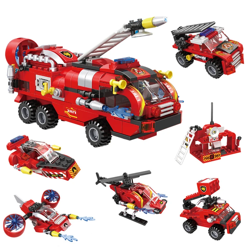 

387pcs 6 in1 Fire Fighting Trucks Car Helicopter Boat Building Blocks City Firefighter Firemen Figures Bricks Toys Child