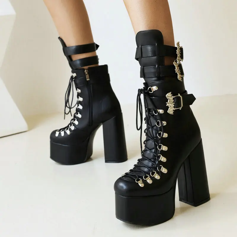 

New Gothic Style Black Platform Boots Bat Wings Sexy Clube Night Modern Boots Women Mid Calf Ankel Buckle Strap Plus Size 46