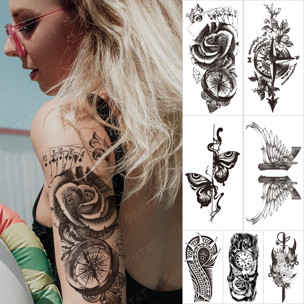 

Waterproof Temporary Tattoo Sticker Poker Rose Compass Clock Tatto Waist Thigh Gun Wings Flower Body Art Arm Fake Sleeve Tatoo
