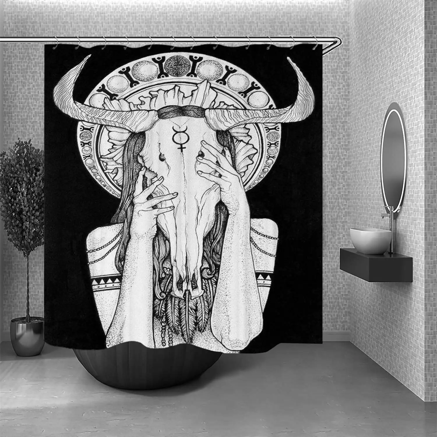 

Girl with Sheep Mask White and Black Premium Waterproof Fabric Bath Curtains