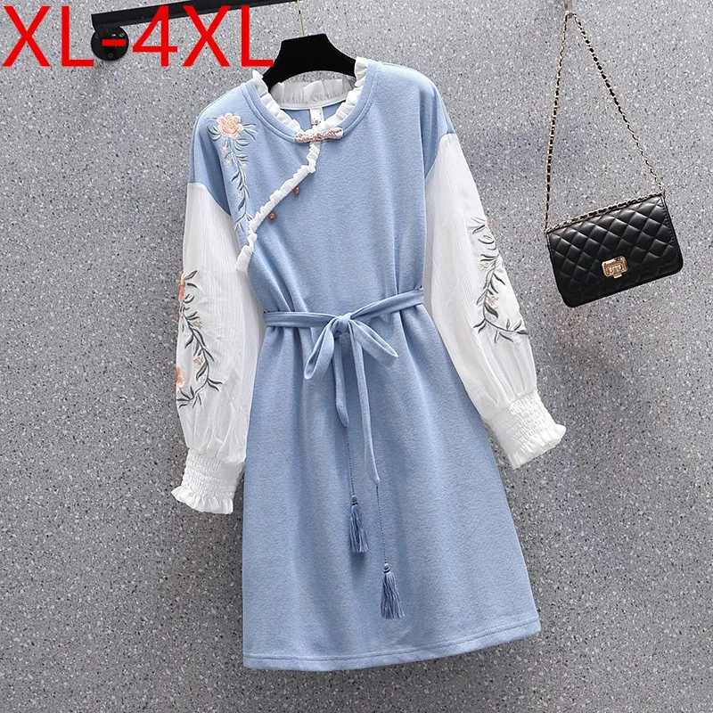 

4XL Plus Size Dress For Women Autumn New Chinese Style O-Neck Floral Embroidery Ruffles Patchwork Lace Up Loose Dresses