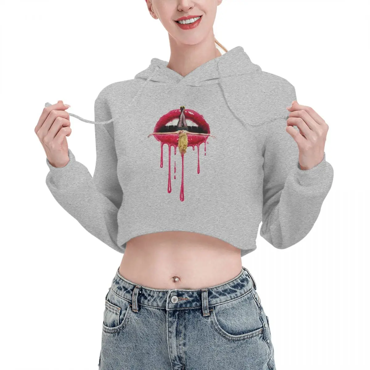

Women Young Woman Red Lips Cat Cropped Sweatshirts Fall Fashion Harajuku Love Long Sleeve Crop Hooded Sweatshirt Hoodie Shirt