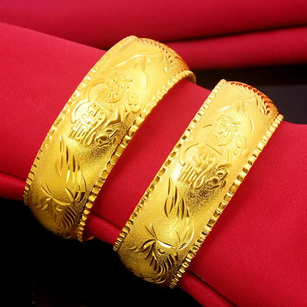 

HOYON luxury Women's Jewelry Wedding Real 100% 24K Gold Color Bracelet Dragon and Phoenix Bracelet Jewelry for wedidng 20x60mm