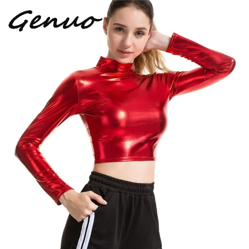 Женский укороченный Топ с длинным рукавом жидкий металлик водолазка в стиле панк