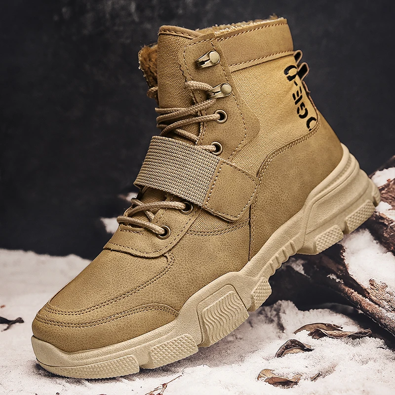 

2021 Winter Men's Boots Fashion Thick Bottom Camel Beige Ankle Boots Male Motorcycle Boots Thick Plush Warm High Top Shoes Man