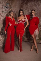 luxury red velvet mermaid evening dress for black girls beaded crystal tassel birthday party gown high slit prom dresses