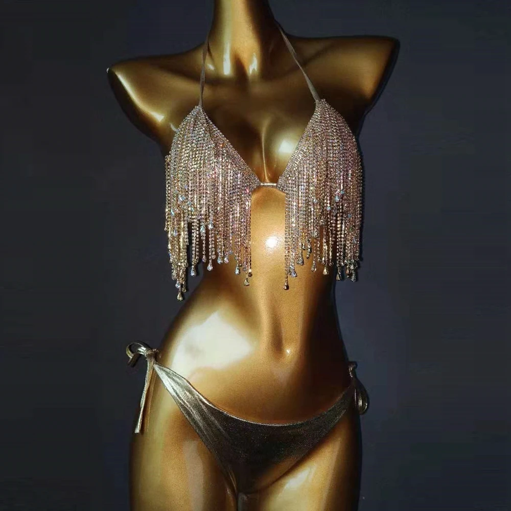 

Женский купальник из двух предметов, серебристый, золотистый купальник с кисточками и бриллиантами, купальный костюм для песчаного пляжа, ...