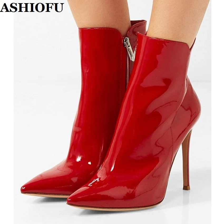 

ASHIOFU New Handmade Ladies High Heels Boots Patent Leather Pointed-toe Ankle Booties Evening Sexy Club Fashion Short Boot Shoes