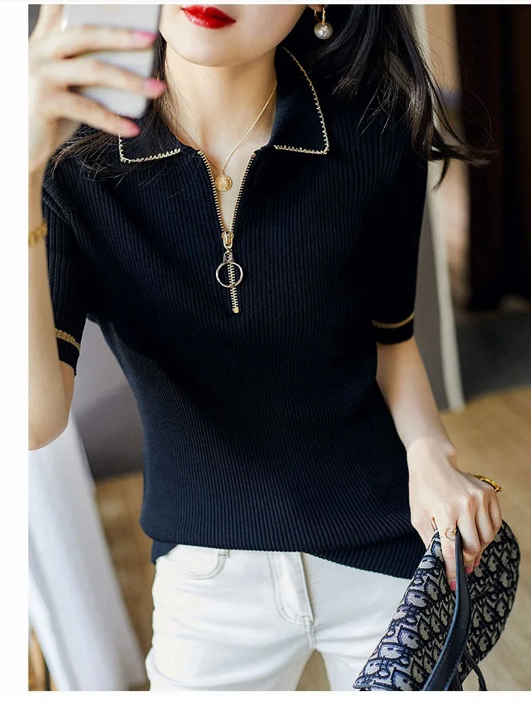 

Knitted Summer Ice Silk Cool Thin Women Sweater Pullover Golden Stripe Metal Zipper Half Sleeve Turn Down Neck T Shirt Lady Tops