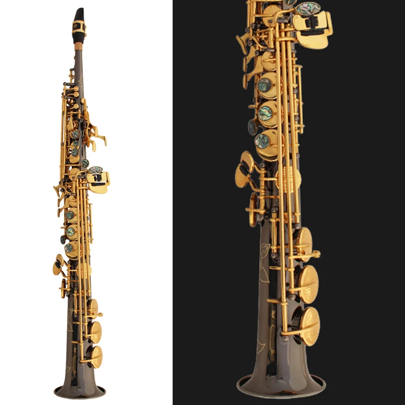 

Brass Straight Soprano Sax Saxophone NAIPUTESI NT-802 Key type Black nickel gold B Flat Natural Shell Key Carve Pattern withCase
