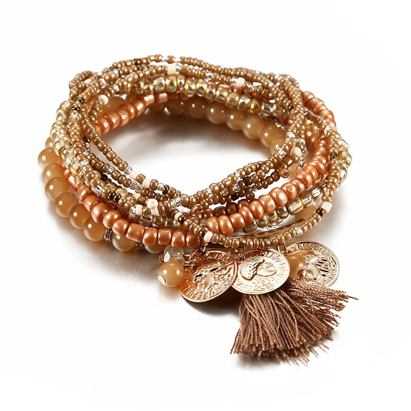 Женский многослойный эластичный браслет с кисточкой и стеклянными бусинами -