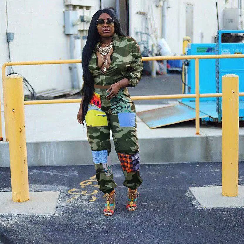 Echoine Leopard Camouflage Printed Women's Two Piece Set Windbreak Tops Pants Suit Active Wear Tracksuit Sports Fitness Outfits |