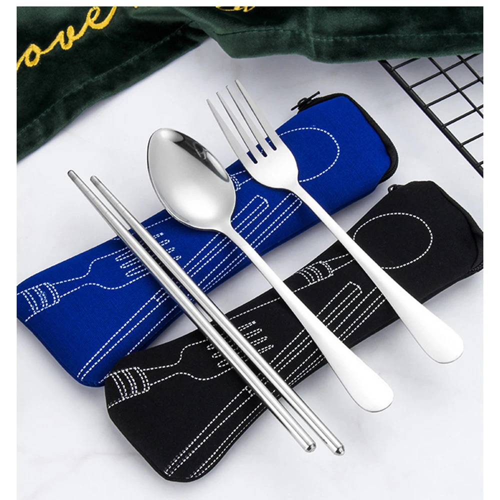 

Travel Portable Stainless Steel Chopsticks Fork Spoon Coffee Spoon Tableware Set Bone Pillow Cloth Bag Germaphobe Work Out Gift