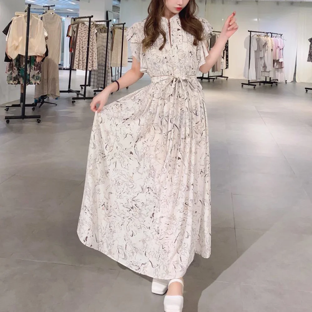 

O Neck Flying Short Sleeve Temperament Dress Women High Waist Hip A Line Long Slim Vestidos Summer 2021 New Robe Print