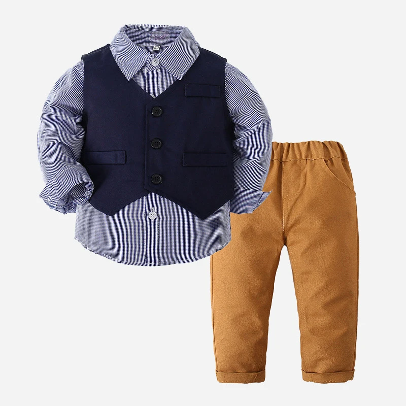 

Baby Boy Suit Shirt Set for Kid Boy Outfit Formal Clothes High Quality Gentleman Vest + Long-Sleeved Plaid Shirt + Pants