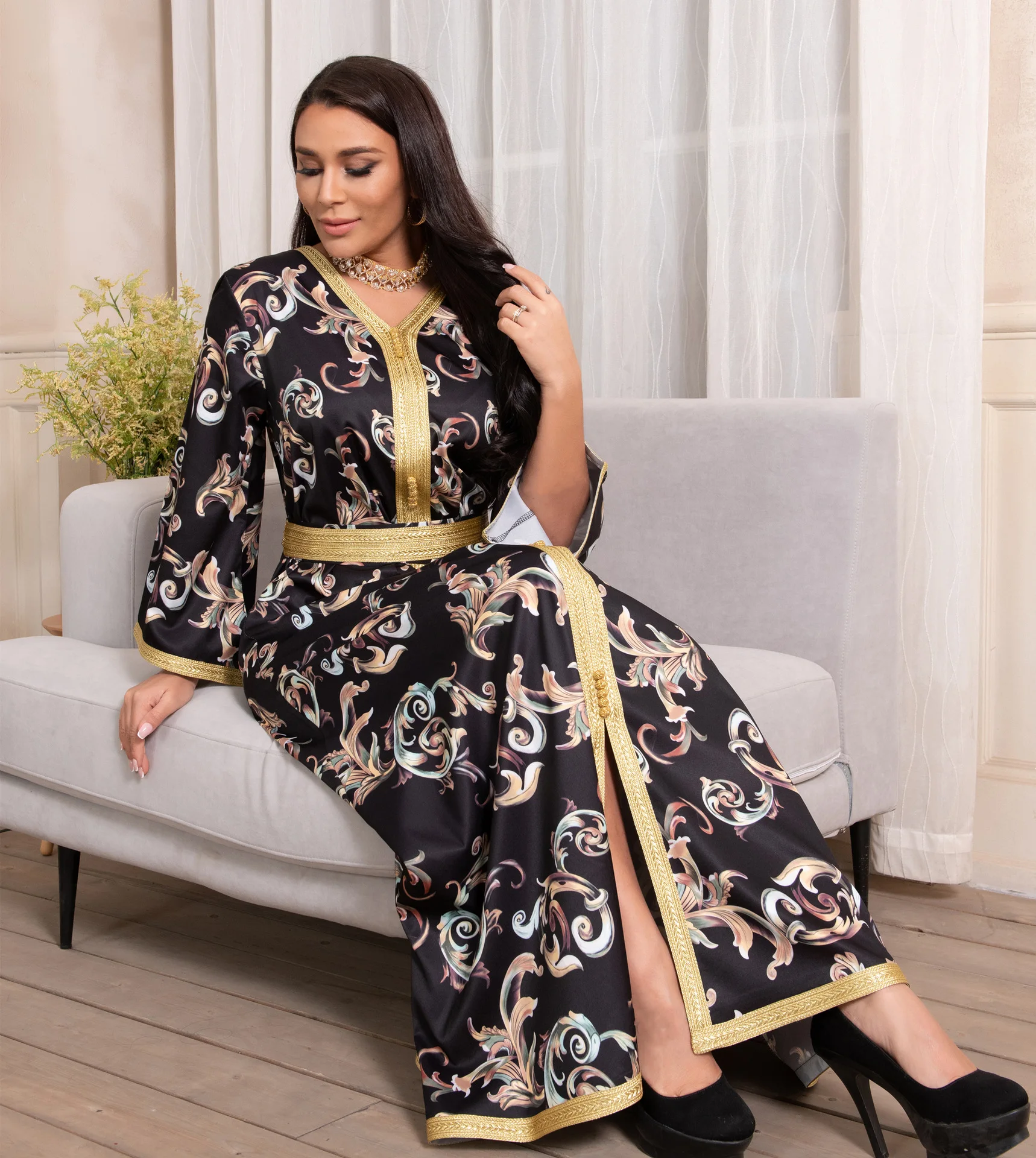 

Donsignet Muslim Dress Middle East Print Dress Belt 2021 Ramadan New Dubai Abaya Turkey Muslim Fashion Robes Vestido Women Dress