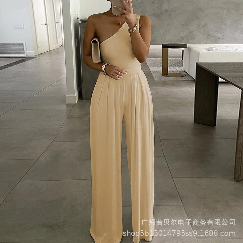 

Mandylandy Jumpsuits Summer Sexy One Shoulder High Waist Pleated Jumpsuits Women's Casual Solid Color Slim Wide Leg Jumpsuits