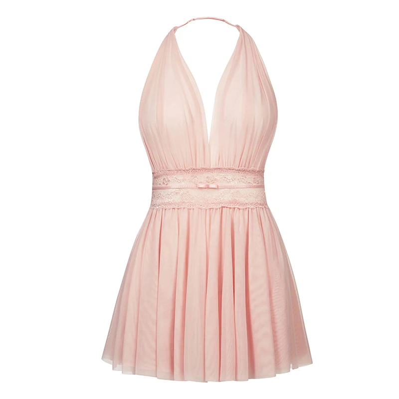 

Cute Women Sleepwear Sexy Lingerie Sling Hanging Neck Gauze Nightgown Hot Spring and Summer Home Clothes Lovely Night Dress