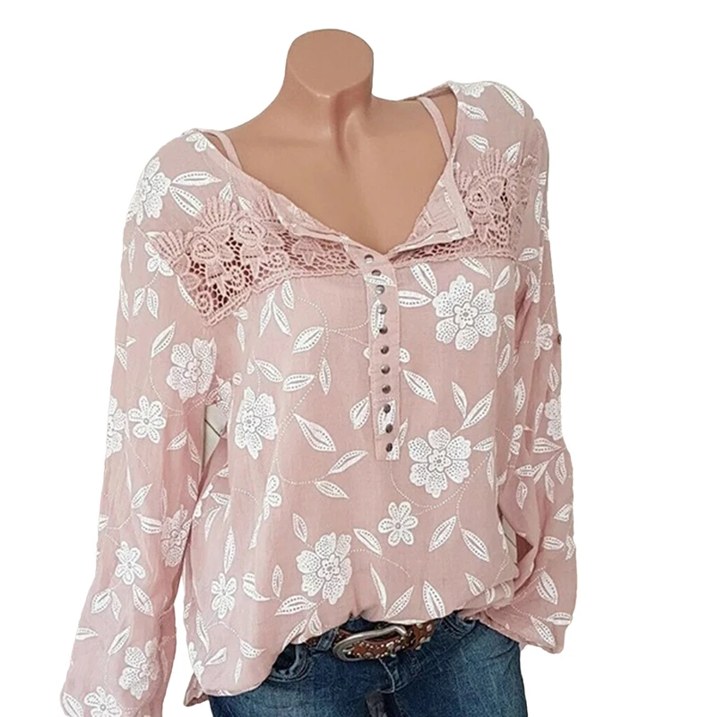 Кружевная футболка с длинным рукавом и цветочным принтом модная женская