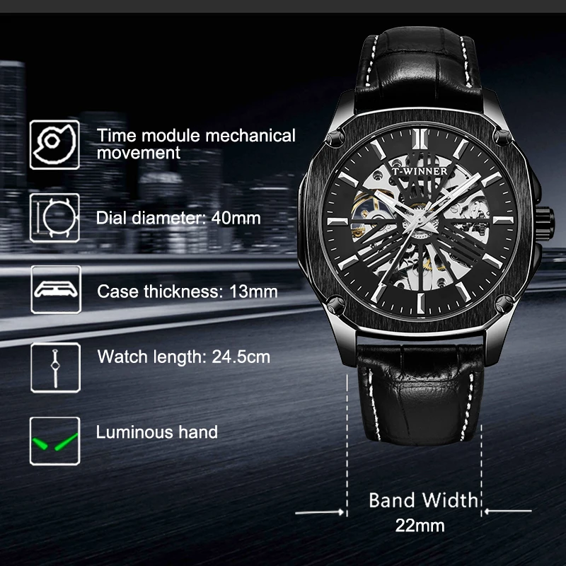 Классический победитель квадратный черный циферблат дизайн кожаный ремень